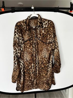 Leopard Print Button-Down Shirt - Brown